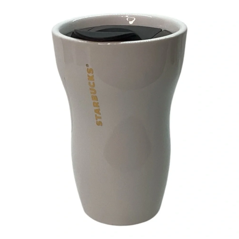 Starbucks 2014 - 9 oz White & Gold Oh What Fun Ceramic Travel‎ Mug With Lid